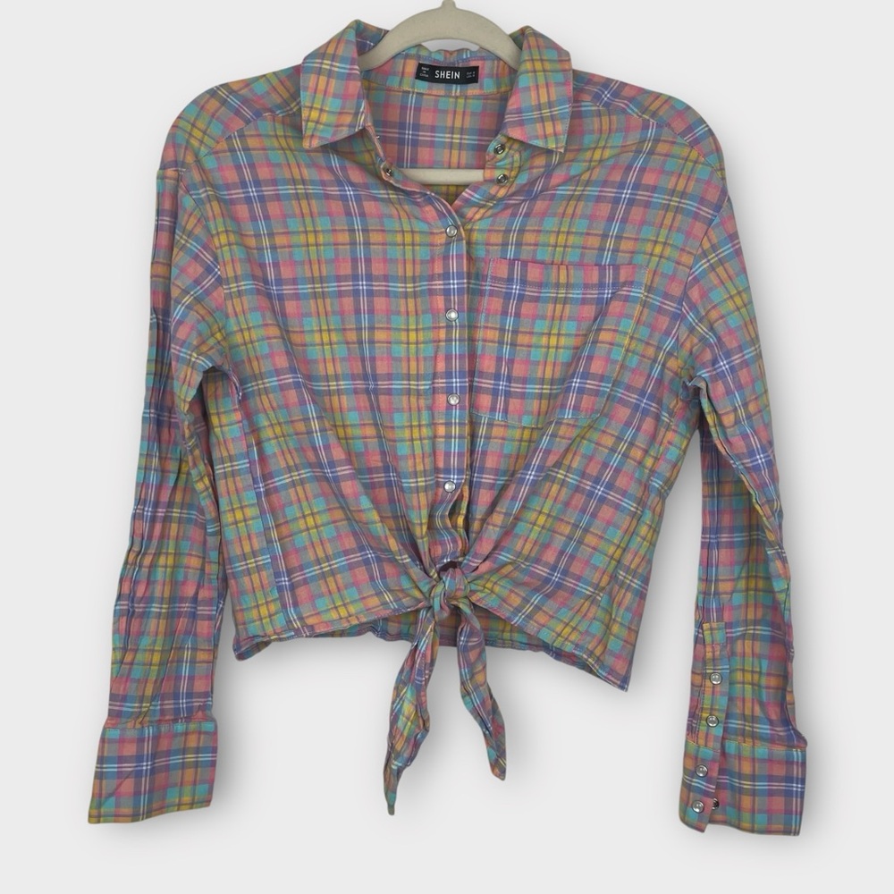 SHEIN 100% Cotton Plaid Button-Down Tie Front Cropped Shirt Women’s Size Medium